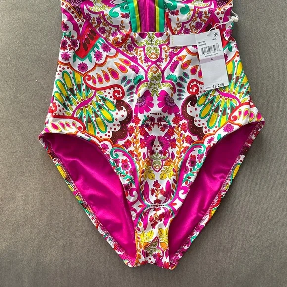 Trina Turk Pink and Green Patterned Swimsuit - Picture 3 of 8